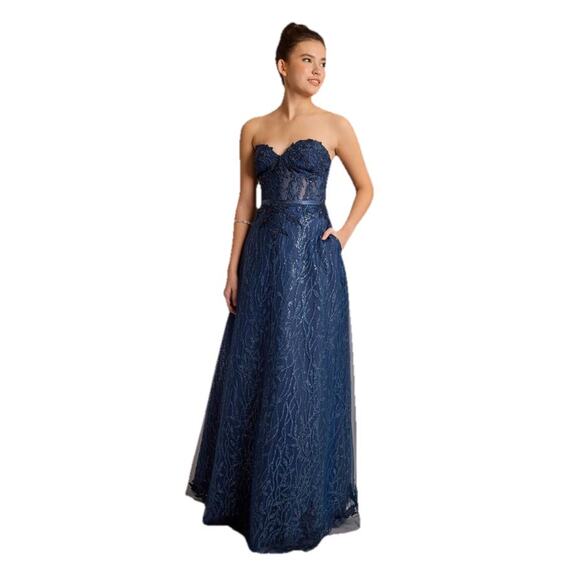 NWT Evening Gown Prom Patterned Glitter Corset Ball Gown/ Pockets Spaghetti - Picture 1 of 15
